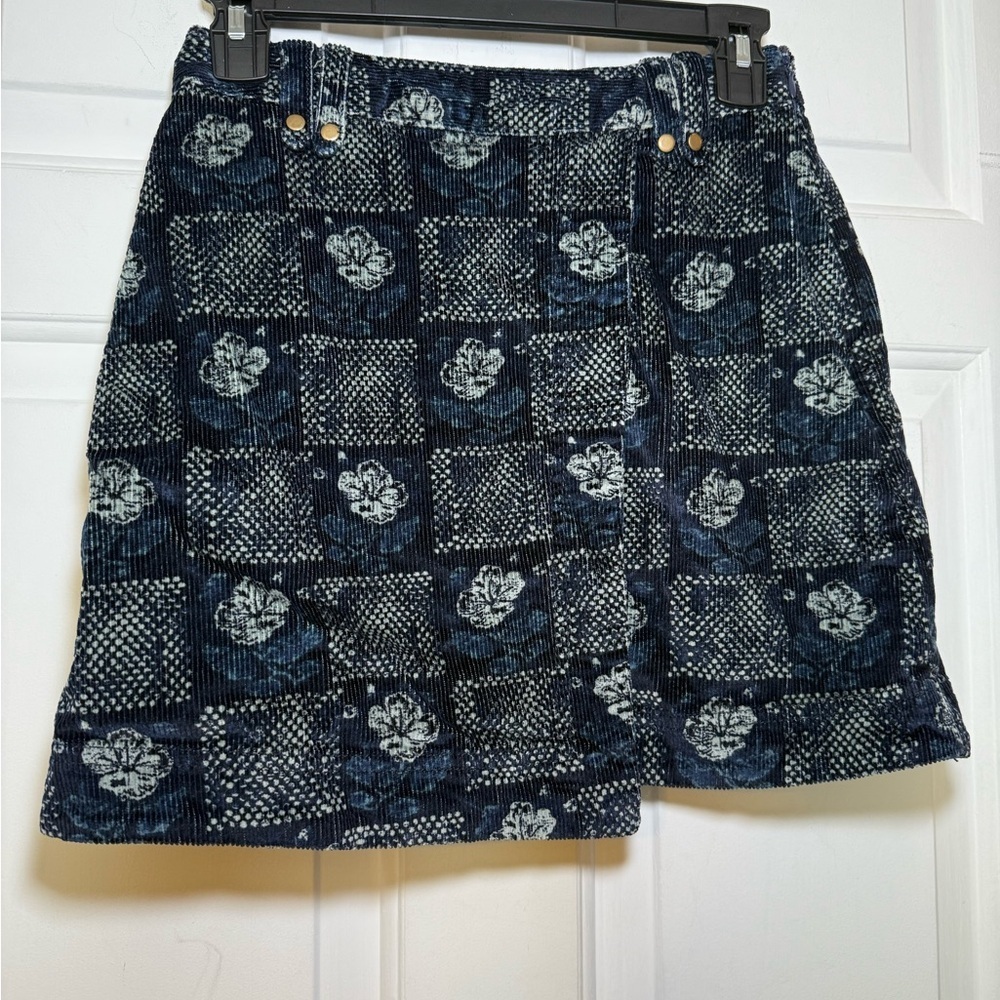 Pilcro Anthropologie Sz 2 Corduroy Navy Wrap Mini Skirt Floral Boho Festival